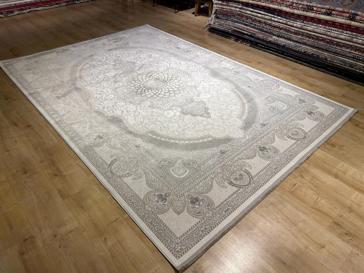 Gray Ivory Bamboo Rug, Classic Medallion Design Bamboo Carpet, Turkish Style Home Decor