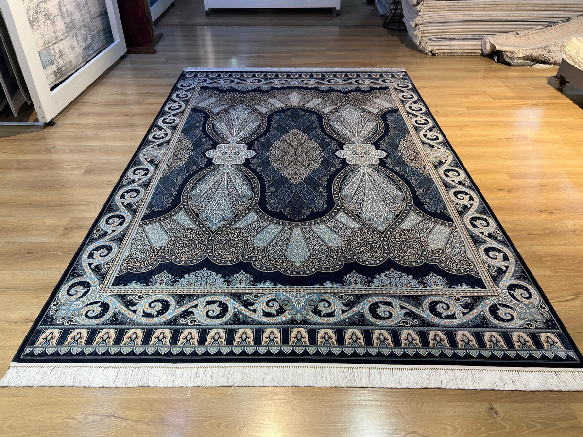 7x10 ft Navy Blue Silk Rug, Classic Ornamental Pattern, Turkish Silk Rug