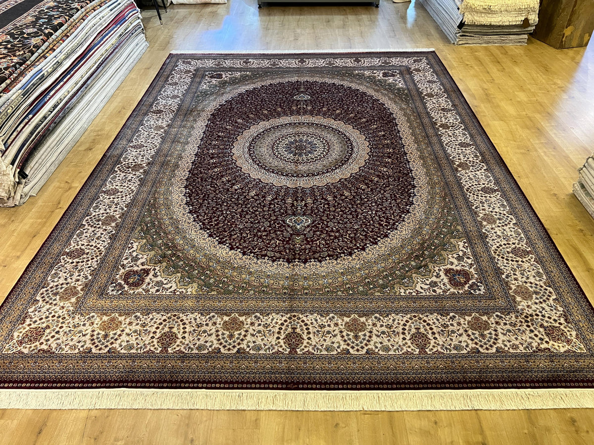 10x13 ft Red Silk Rug, Classic Medallion Design Traditional Rug