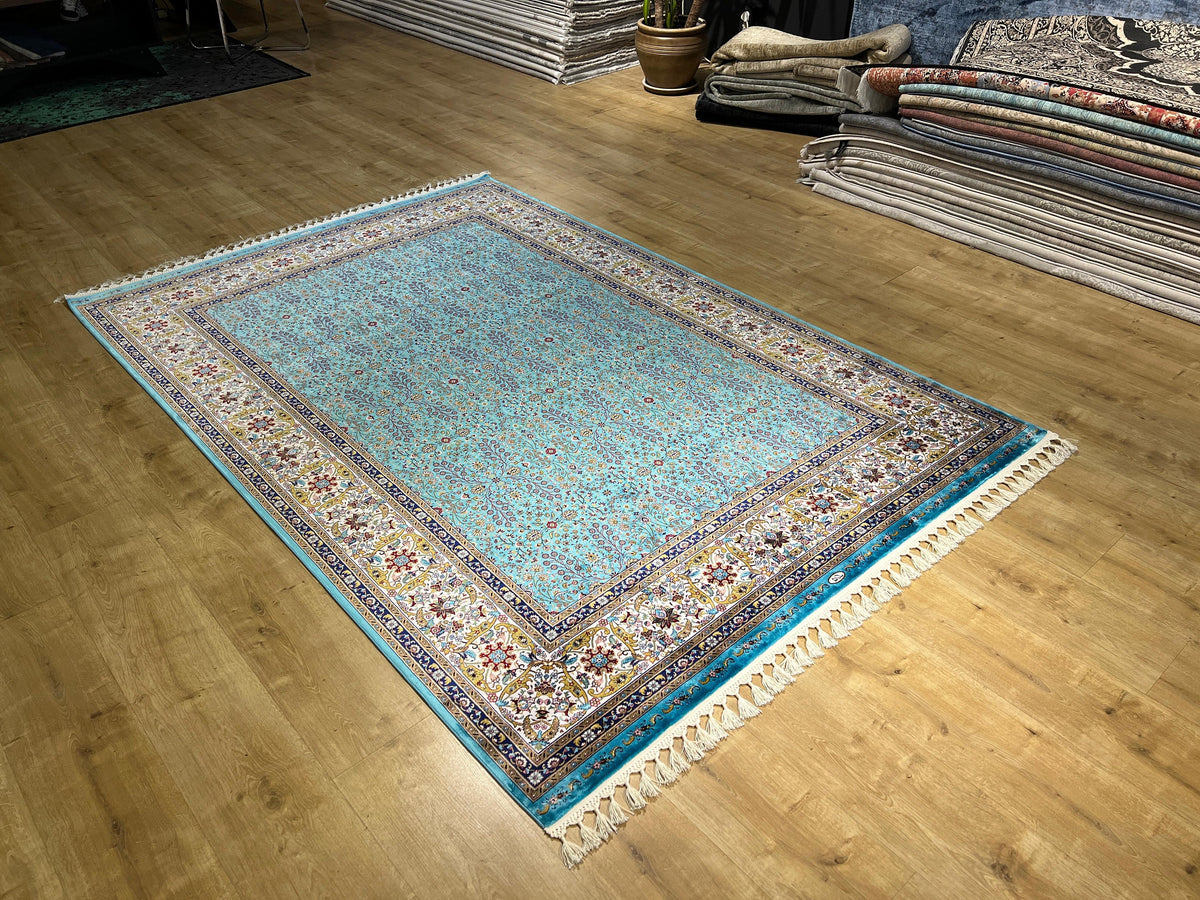 Blue Silk Rug, Floral Border Design, Turkish Style Carpet, Luxury Rug