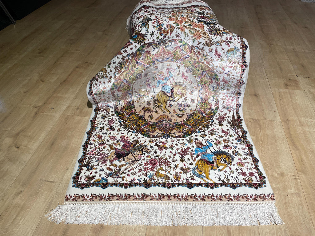 Ivory Decorative Silk Tapestry Rug With Art Motifs, Floral Design