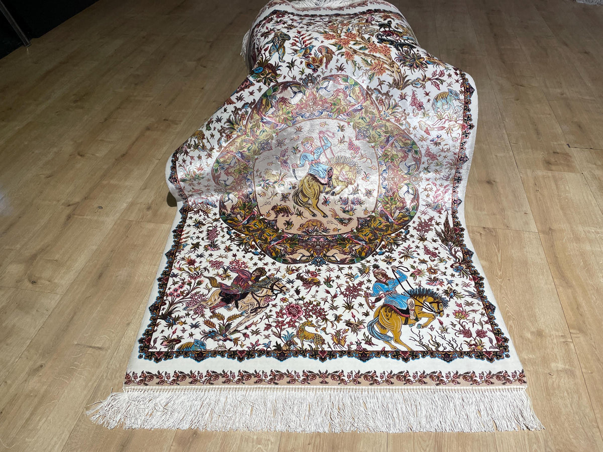 Ivory Decorative Silk Tapestry Rug With Art Motifs, Floral Design
