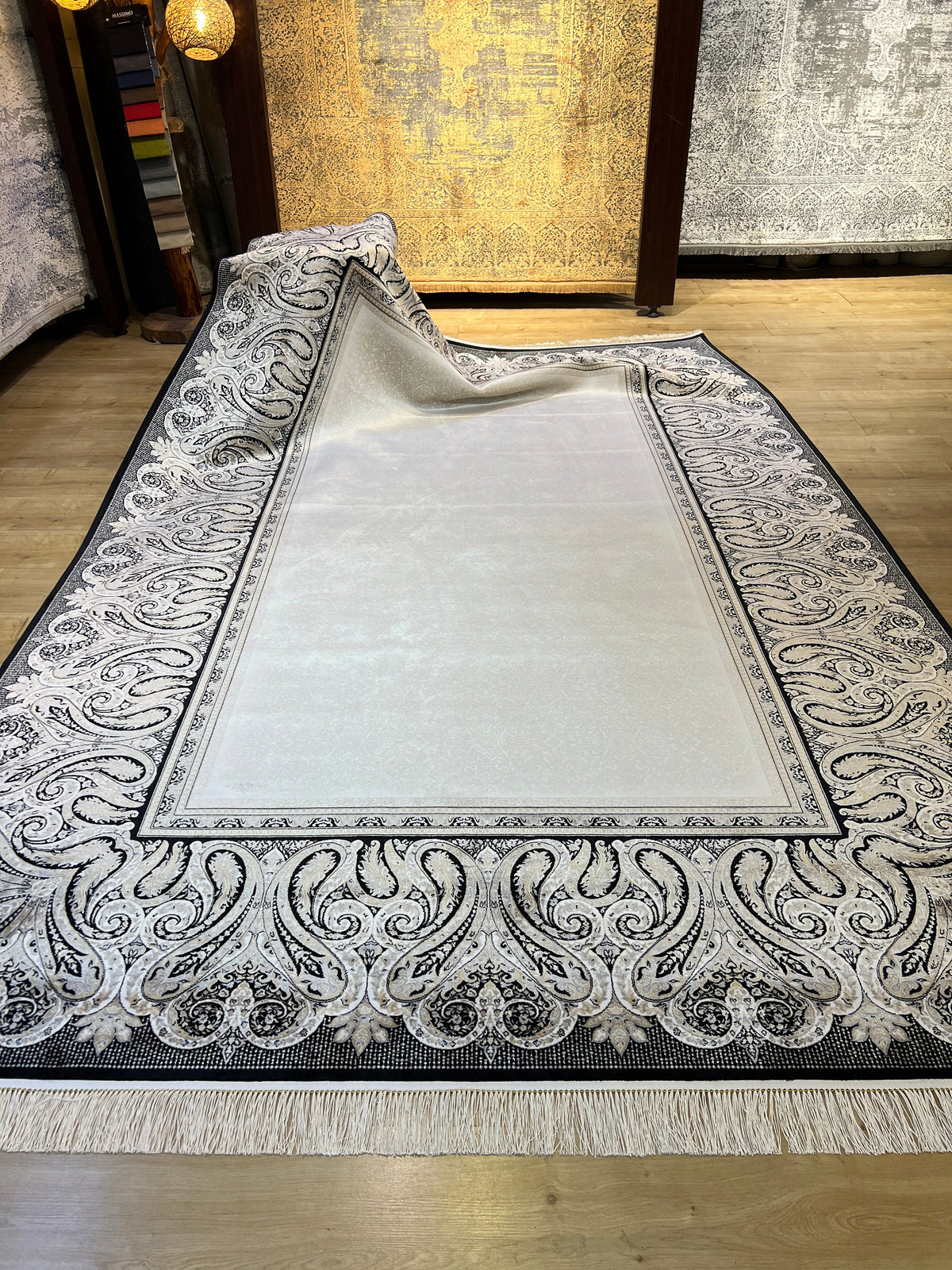 Cream Silk Rug, Black Framed Elegant Style, Luxury Home Decor