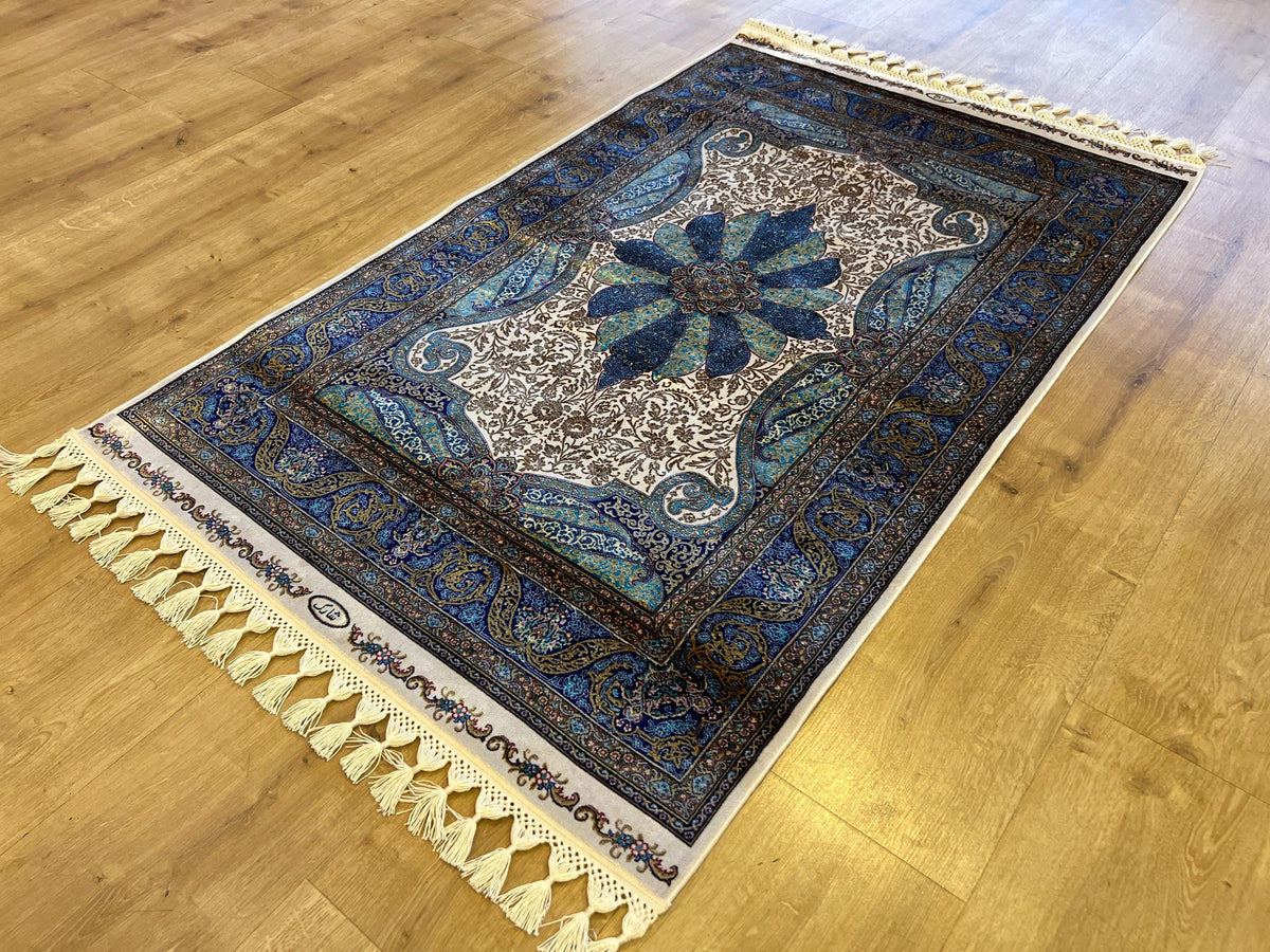 Ivory Silk Rug with Blue Medallion Pattern, Luxury Small Silk Carpet