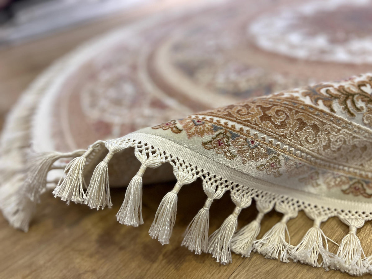 Round Cream Gold Silk Rug, Medallion Design, Classic Turkish Style