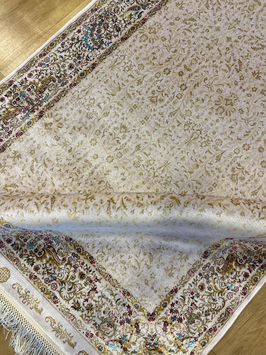 Cream Gold Silk Turkish Rug, 3x10 ft, Luxury Hallway Rug