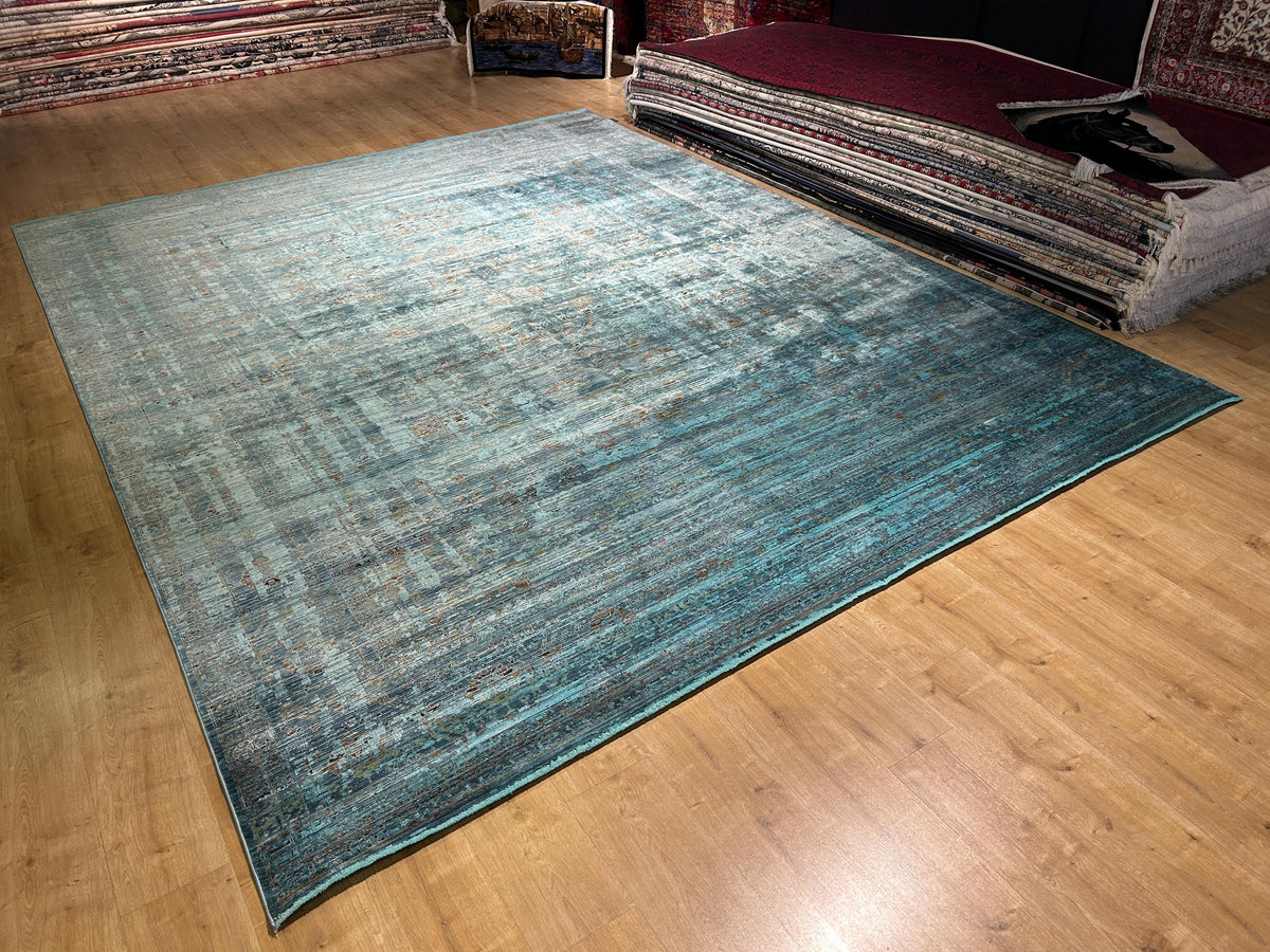 10x13 ft Turquoise Bamboo Rug, Distressed Pattern, Modern Rug