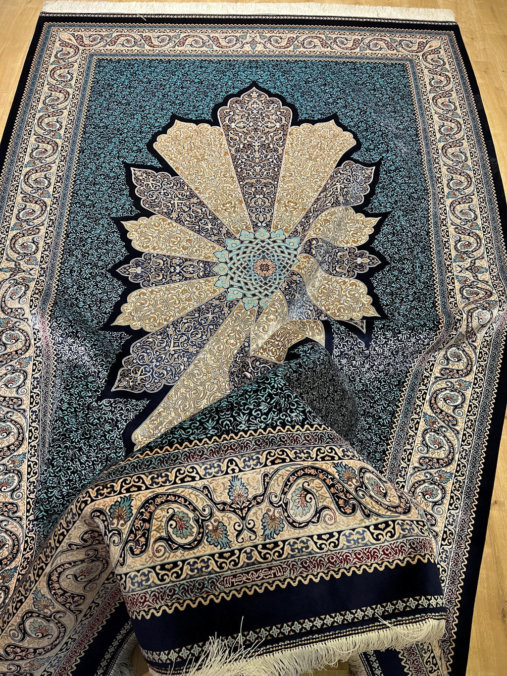7x10 ft Navy Blue Silk Carpet, Traditional Pattern Rug