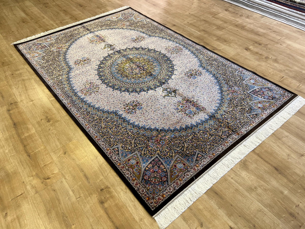 5x8 ft Brown Blue Silk Rug, Classic Medallion Design, Turkish Style Home Decor