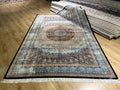 7x10 Ft Blue Silk Rug, Classic Medallion Design, Traditional Pattern