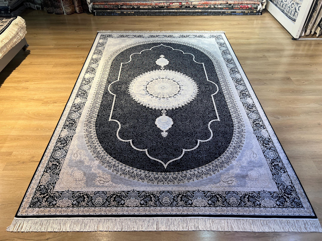 7x10 ft Black Silk Bamboo Rug with Medallion, Luxury Classic Design