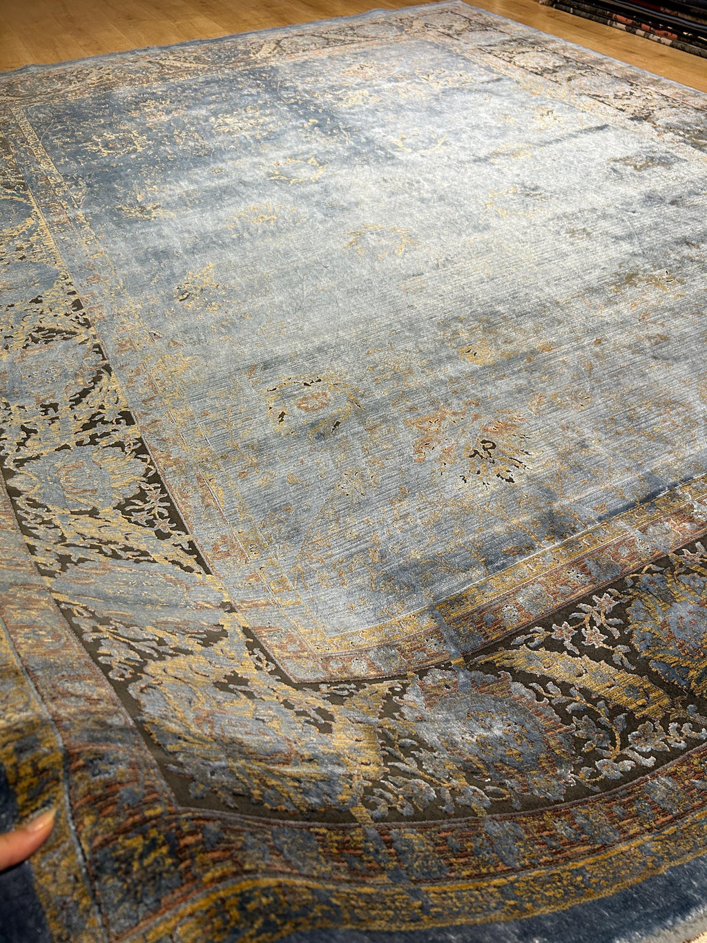 8x10 ft Blue Bamboo Rug, Distressed Pattern, Bordered Modern Rug
