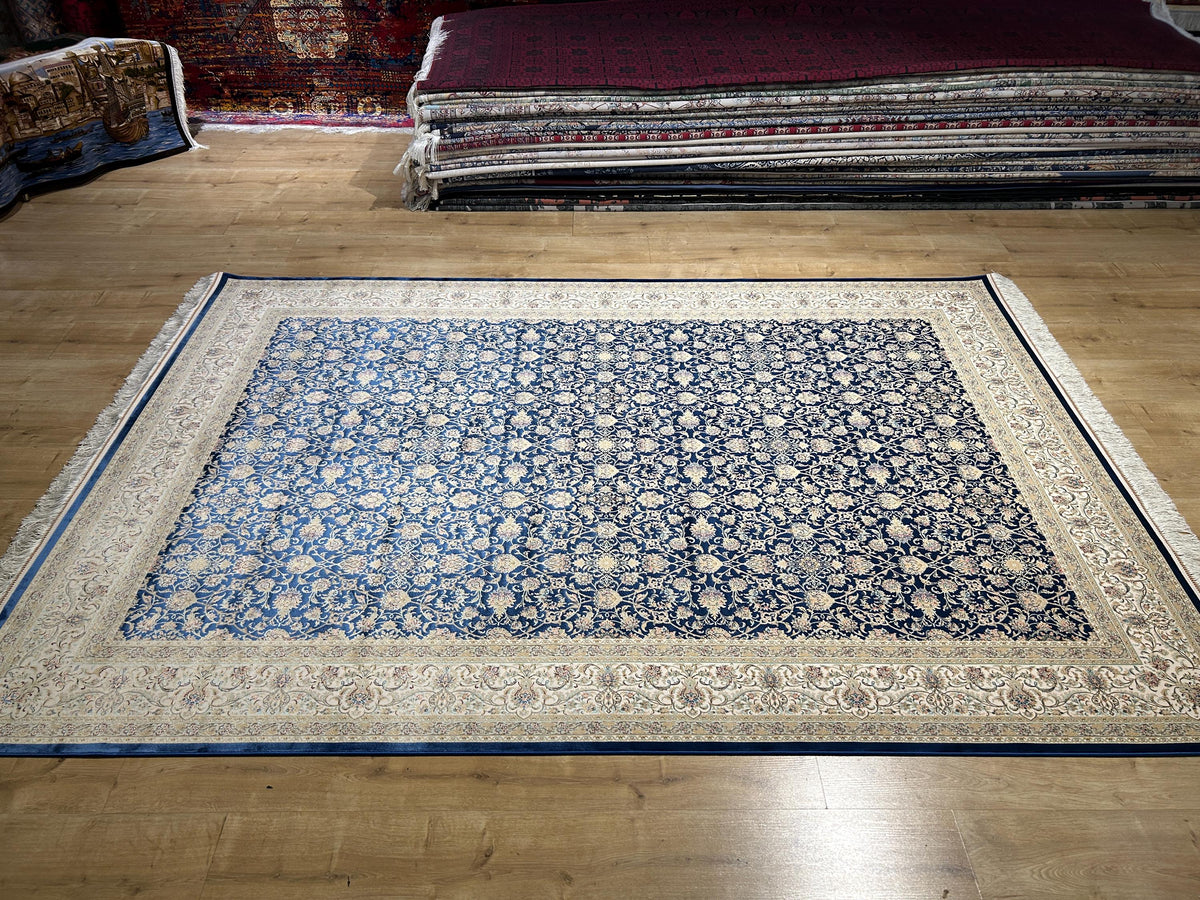 7x10 ft Floral Blue Silk Rug, Classic Silk Carpet, Luxury Home Decor