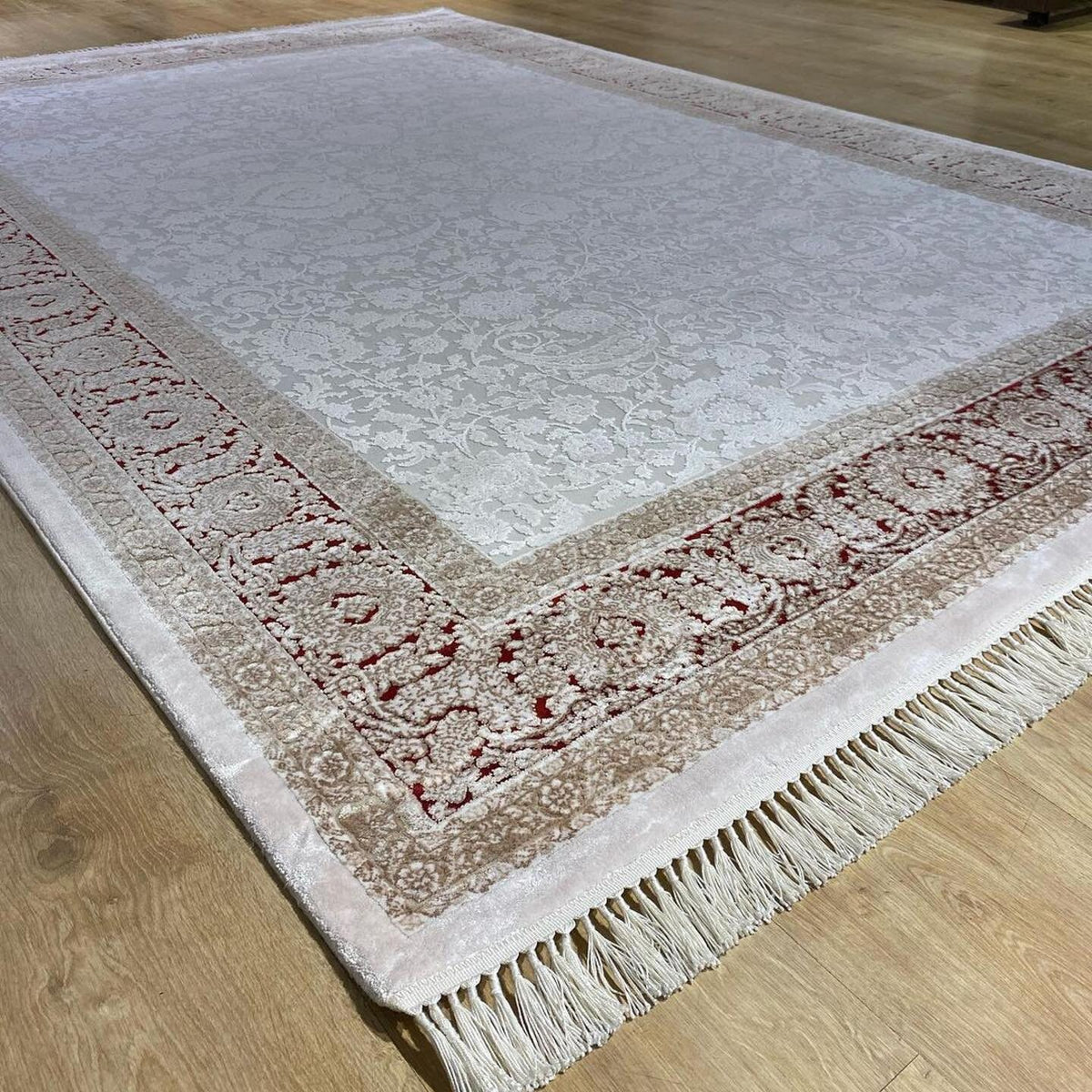 Beige Red Bamboo Rug, Turkish Carpet, Home Decor (5x8 ft)