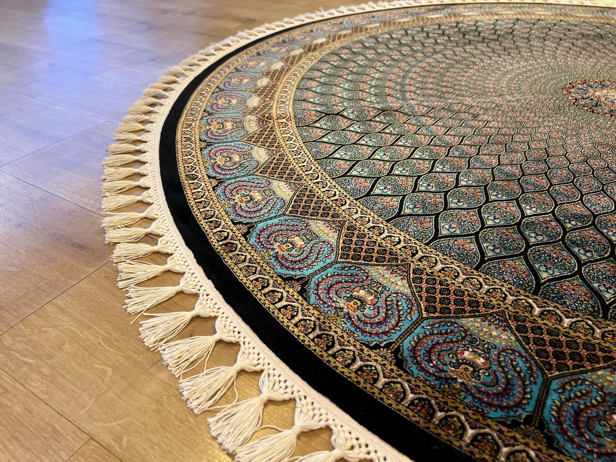 Blue Round Silk Rug, Classic Turkish Style Carpet, Medallion Design