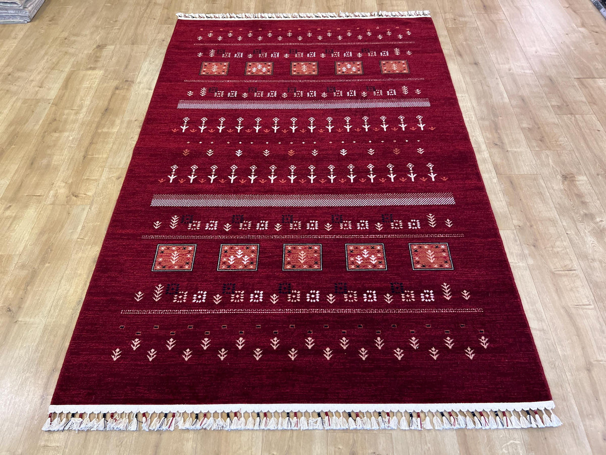 5x8 ft Red Wool Area Rug, Tree of Life Design, Ethnic Geometric Traditional Decor