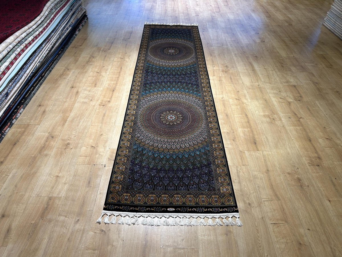 Blue Gold Silk Runner Rug, Medallion Peacock Tail Design Rug, Traditional Carpet