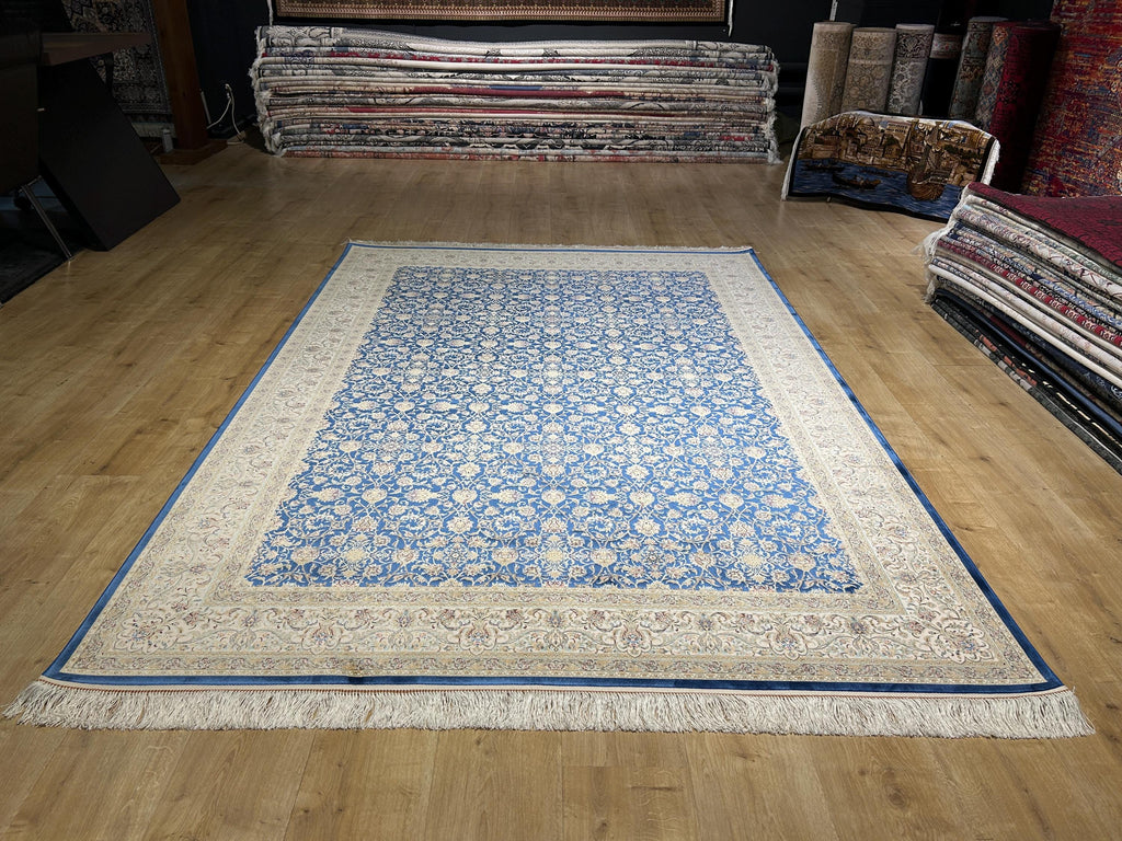 7x10 ft Floral Blue Silk Rug, Classic Silk Carpet, Luxury Home Decor