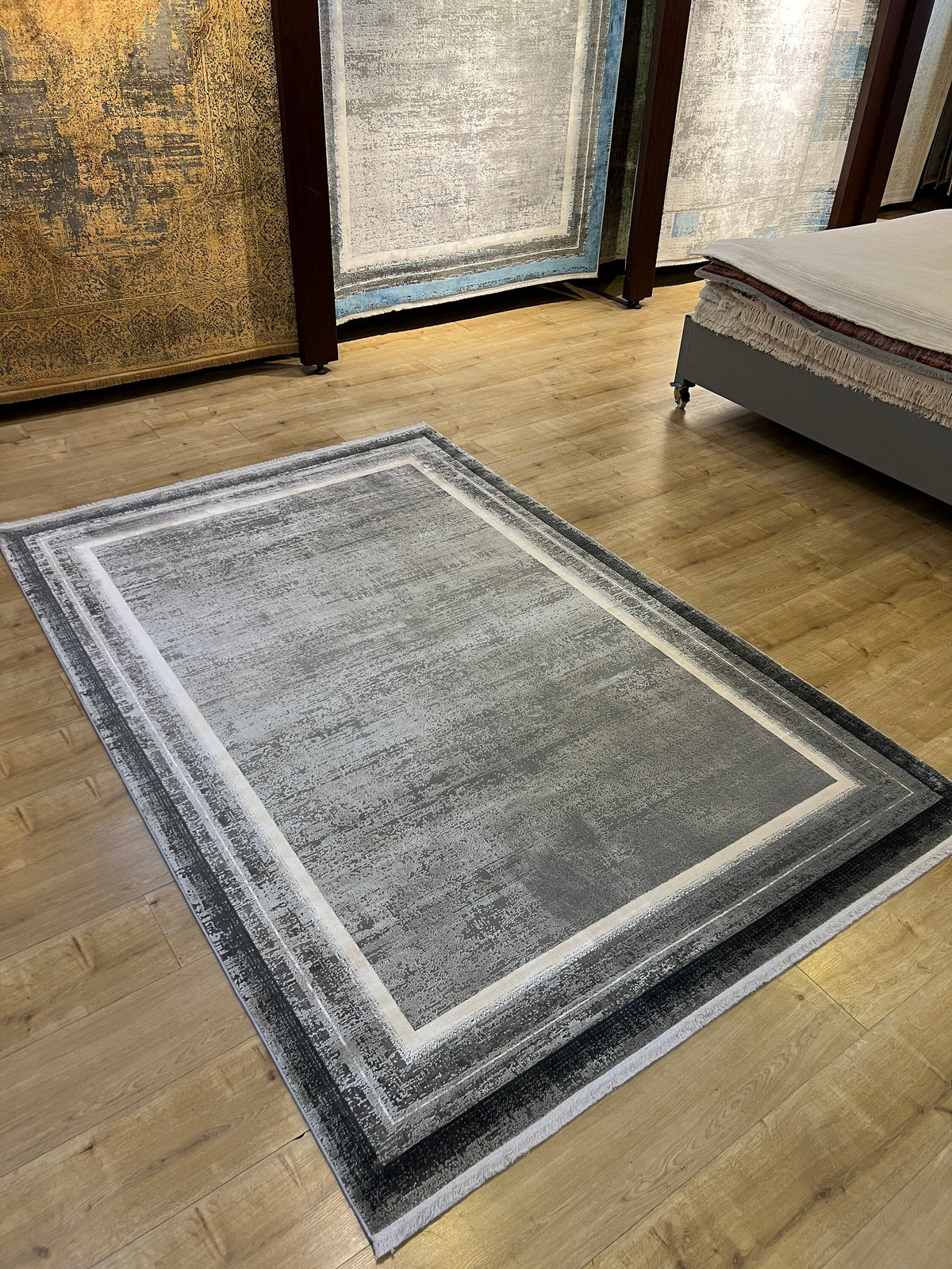 Gray Bamboo Rug, Bordered Modern Bamboo Carpet