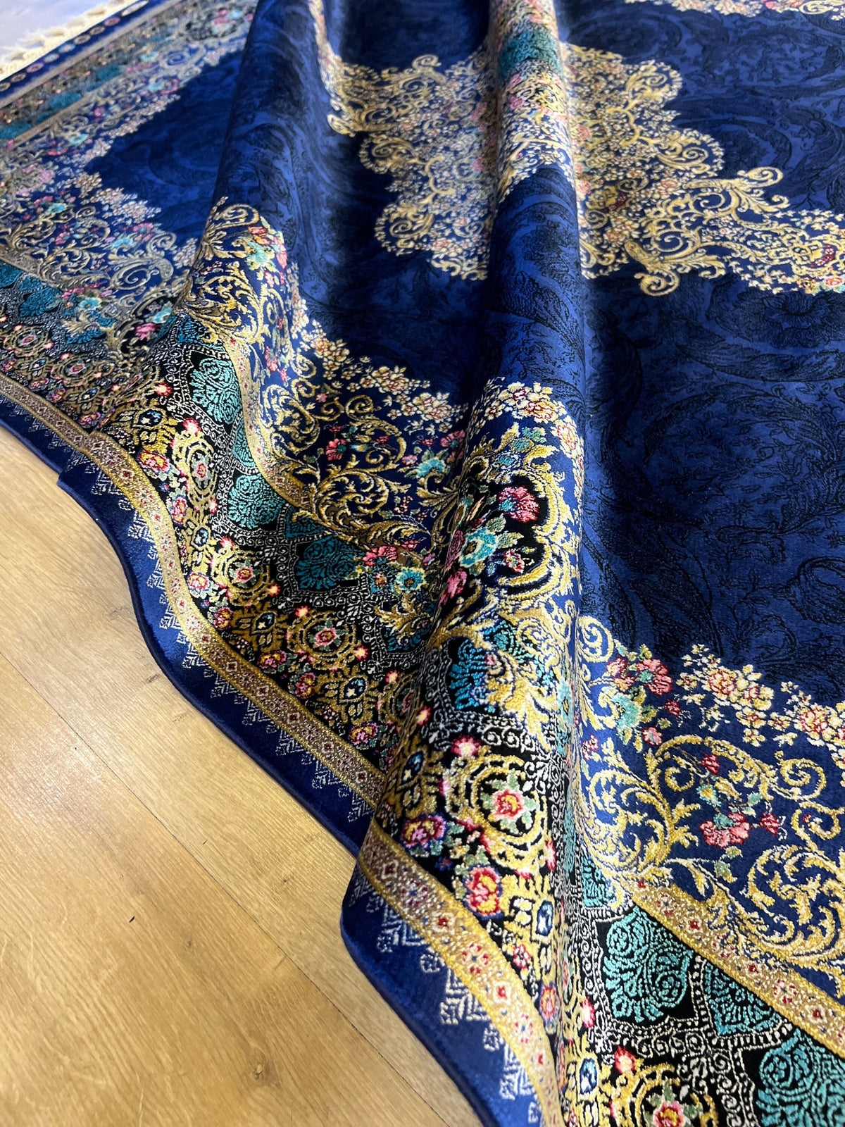 Navy Blue Silk Rug with Gold Floral Patterns, 4x6 ft, Classic Medallion Area Rug