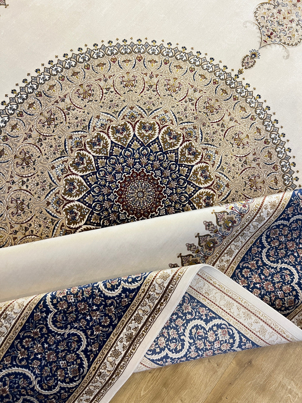 7x10 ft Ivory Silk Rug, Navy Border with Gold Medallion Design