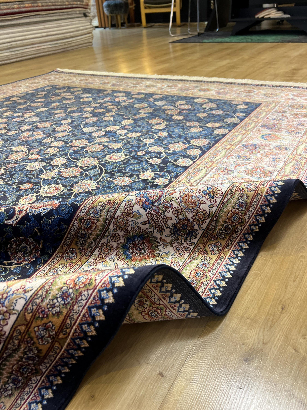 7x10 ft Blue Silk Bamboo Rug with Ivory Border and Gold Pattern, Classic Design