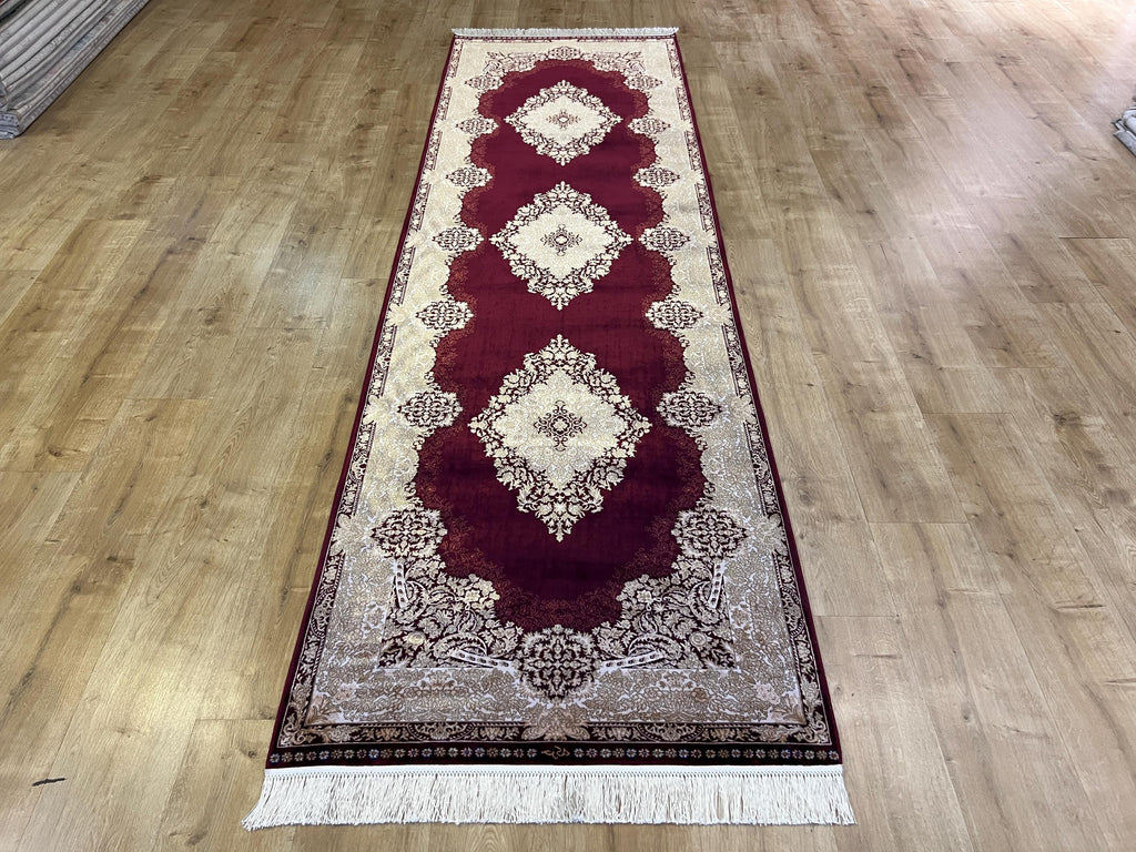 Red Gold Medallion Silk Rug, Turkish Carpet, 3x10 ft