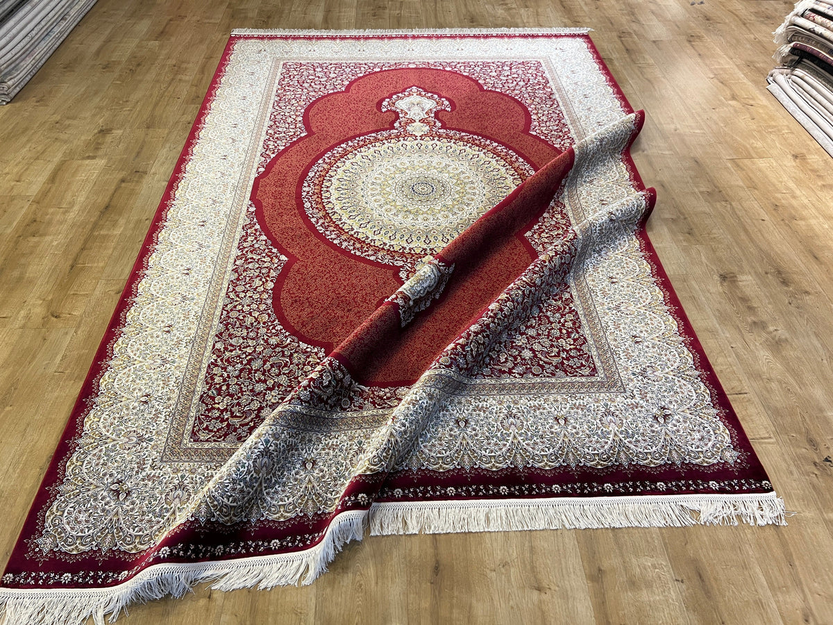 Red Modal Silk Palace Rug, Turkish Carpet 7x10