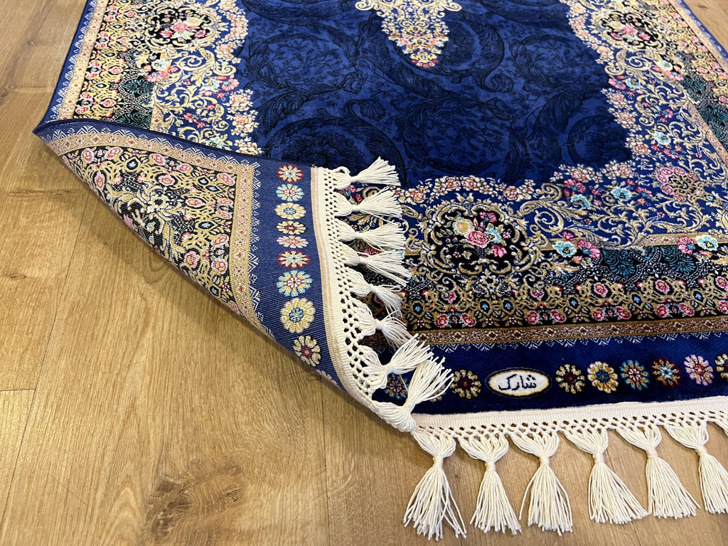 Navy Blue Medallion Silk Runner Rug, 3x10 ft, Classic Luxury Hallway Rug