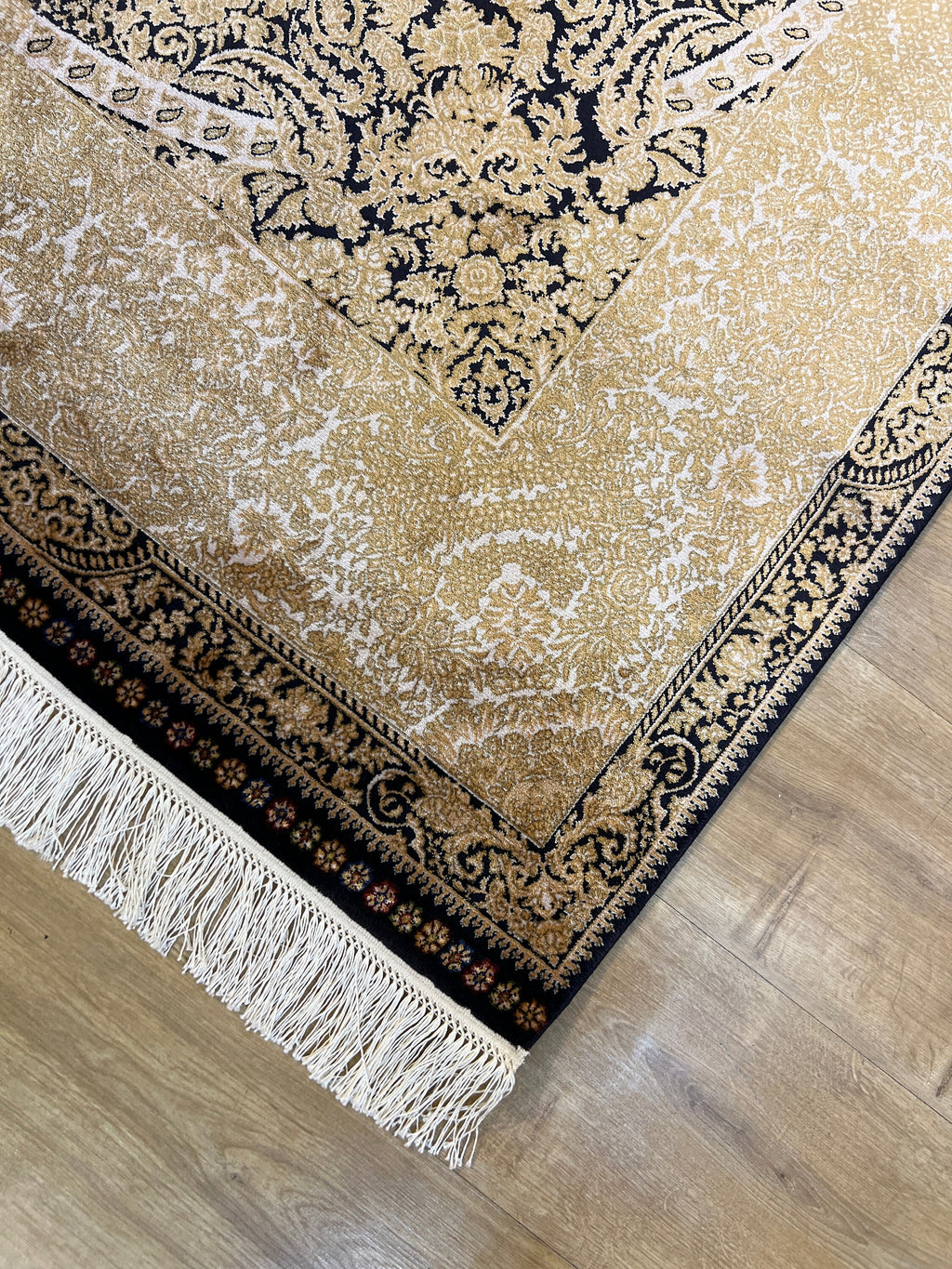 5x8 ft Dark Blue Silk Rug, Gold Medallion Design, Luxury Turkish Home Decor