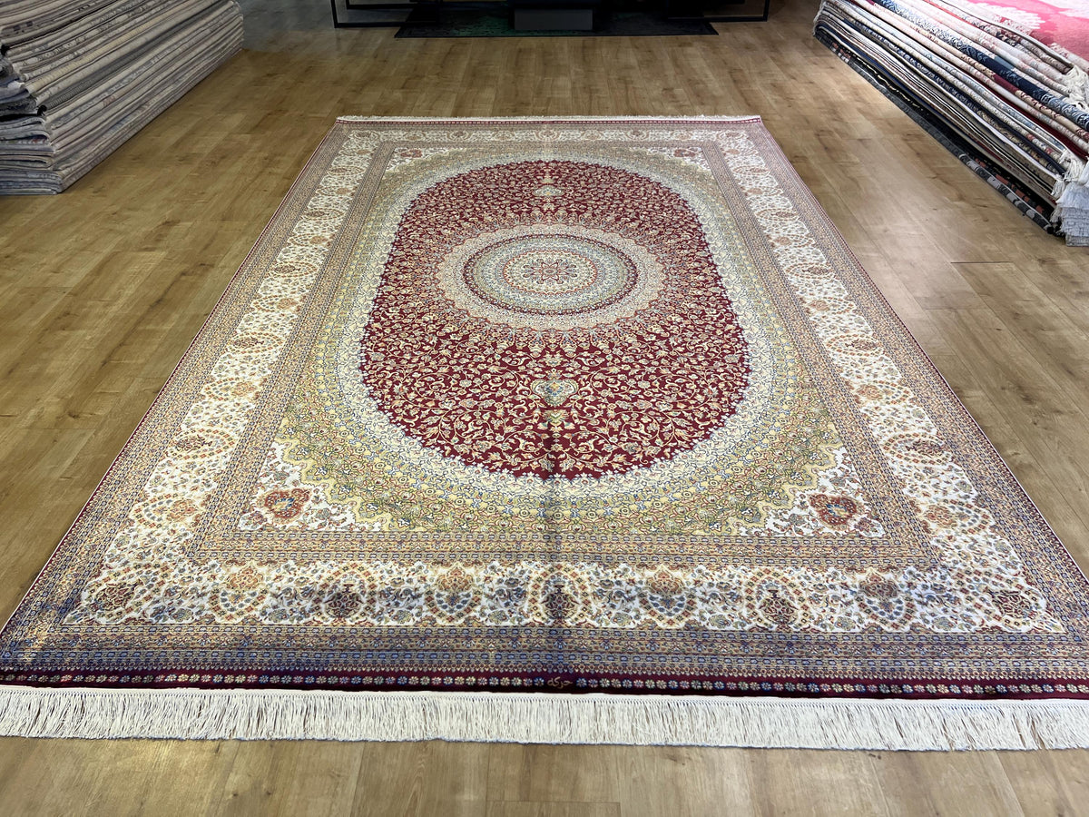 7x10 ft Red Silk Bamboo Rug, Medallion Design Carpet, Ottoman Style Carpet