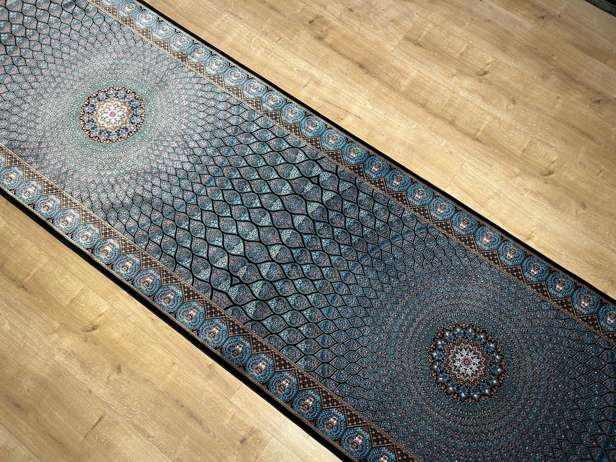 Blue Black Silk Runner Rug, Medallion Peacock Tail Design Rug, Traditional Carpet