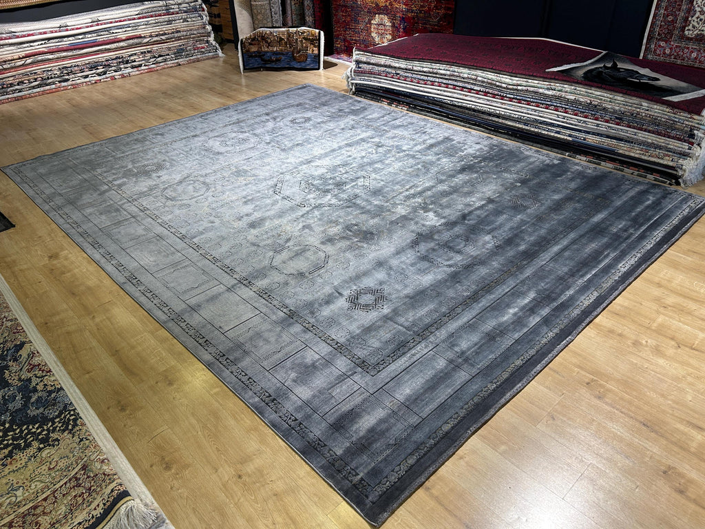 10x13 ft Smoked Gray Bamboo Rug, Distressed Pattern, Modern Rug