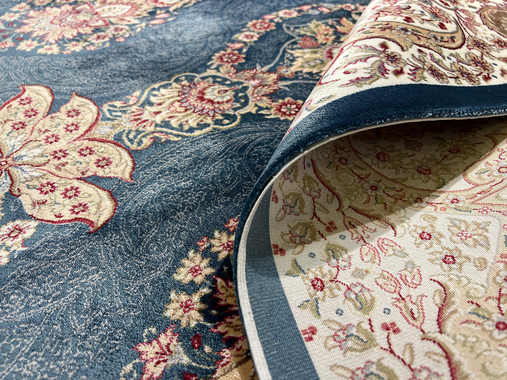 7x10 ft Blue Gold Silk Rug, Framed Classic Design, Turkish Style Carpet