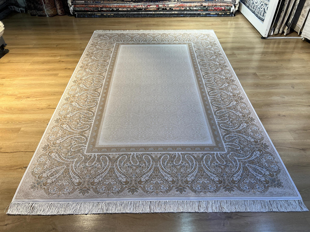 Cream Gold Silk Rug with Elegant Border, Classic Luxury Area Rug