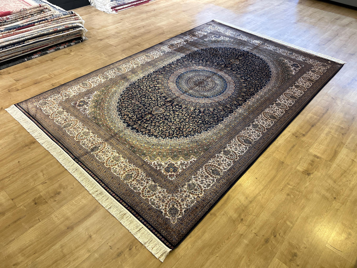Dark Blue Silk Turkish Rug, 7x10 ft, Medallion Rug, Living Room Carpet