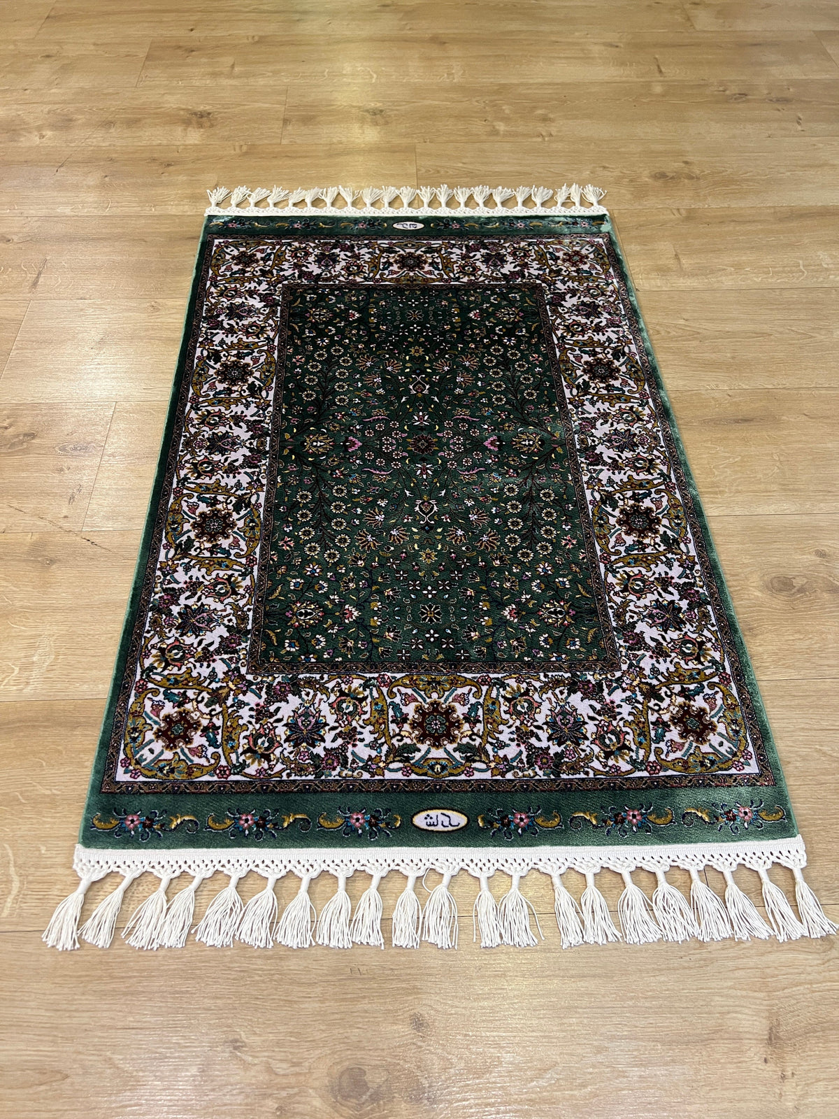 Green Beige Floral Silk Rug, Turkish Carpet, Luxury Home Decor