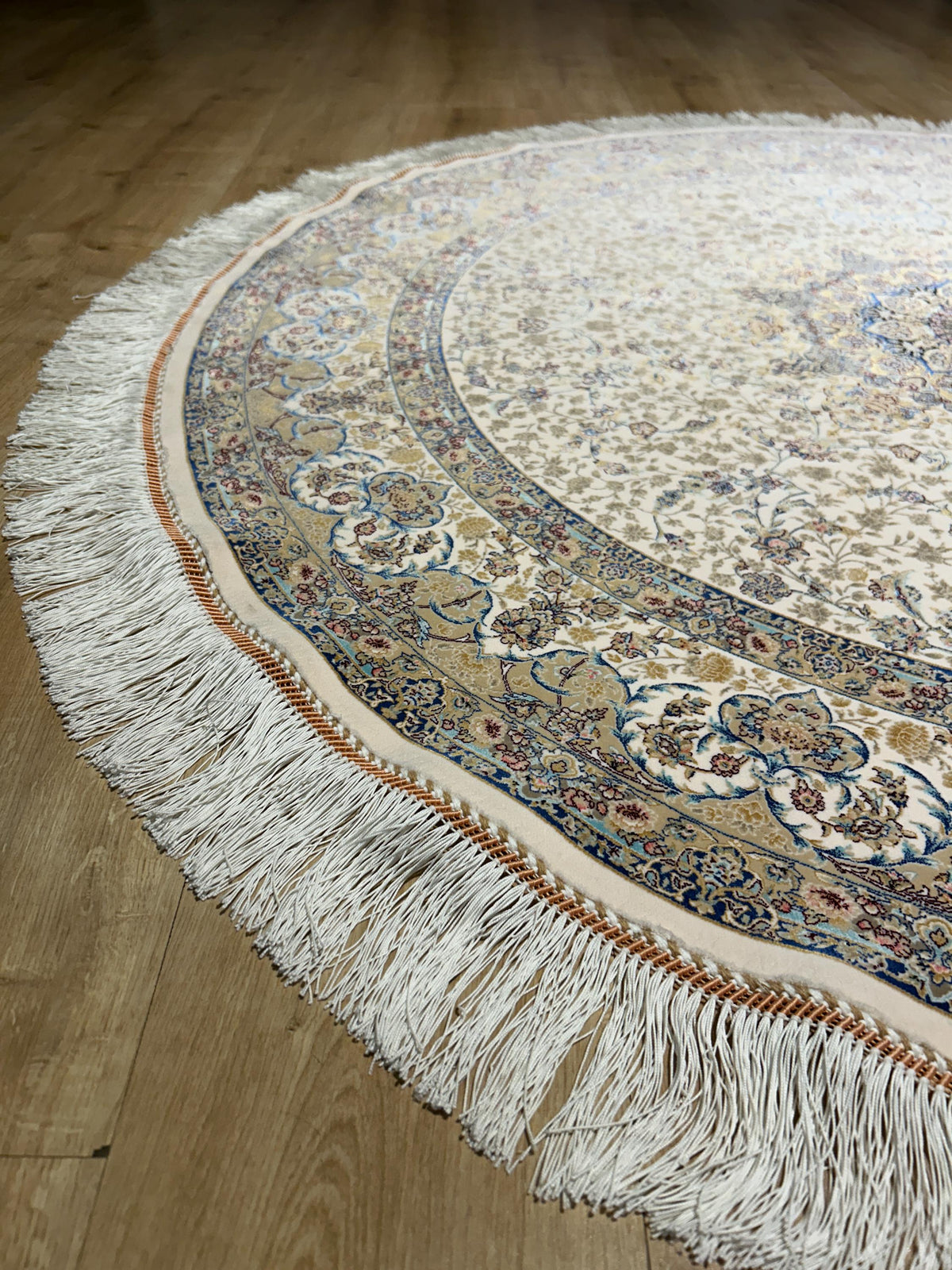 5x5 ft Ivory Blue Beige Round Silk Rug, Classic Turkish Medallion Design Carpet