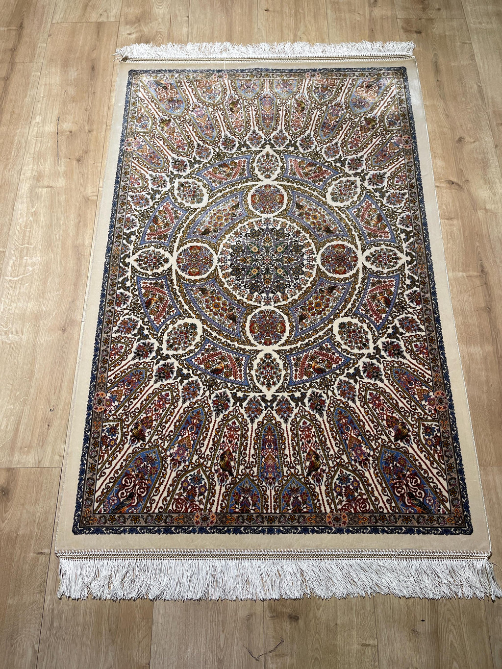 Cream Small Silk Rug, Ornate Medallion Silk Mat, Luxury Home Decor