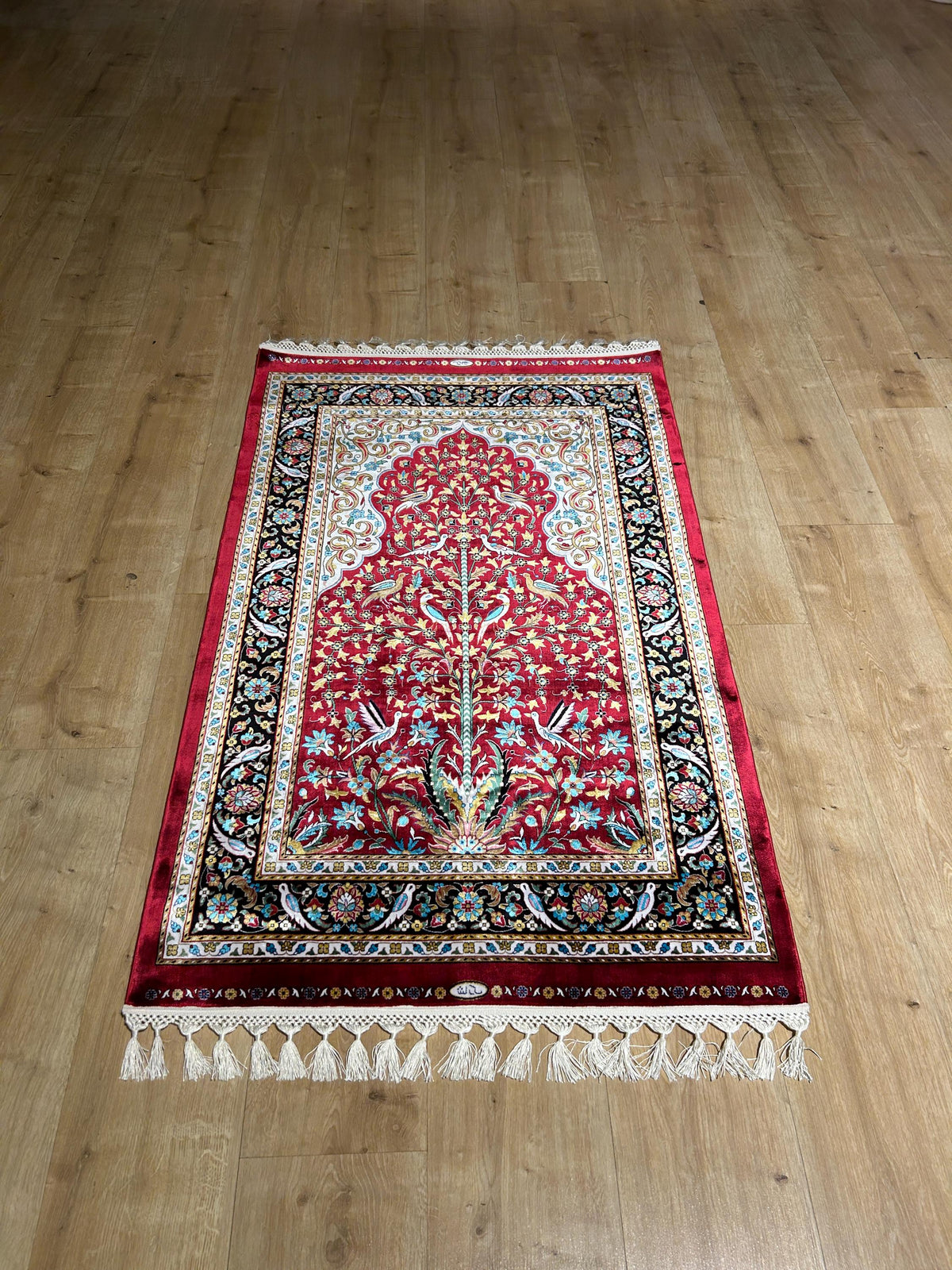 2.62x4.10 ft Red Silk Prayer Rug With Black Border, Floral and Bird Design Mat