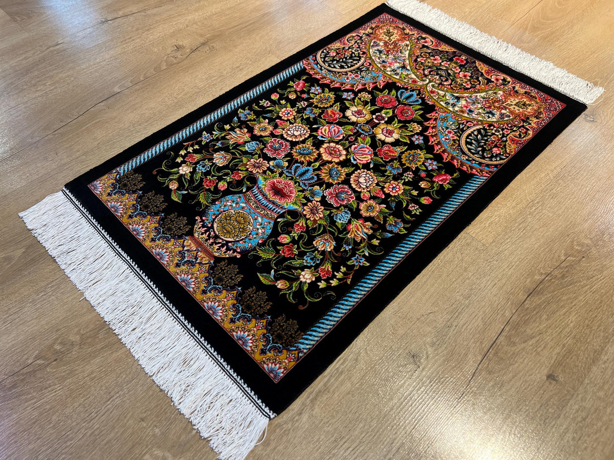 1.64x2.62 ft Black Floral Silk Tapestry Rug for Elegant Wall Decor