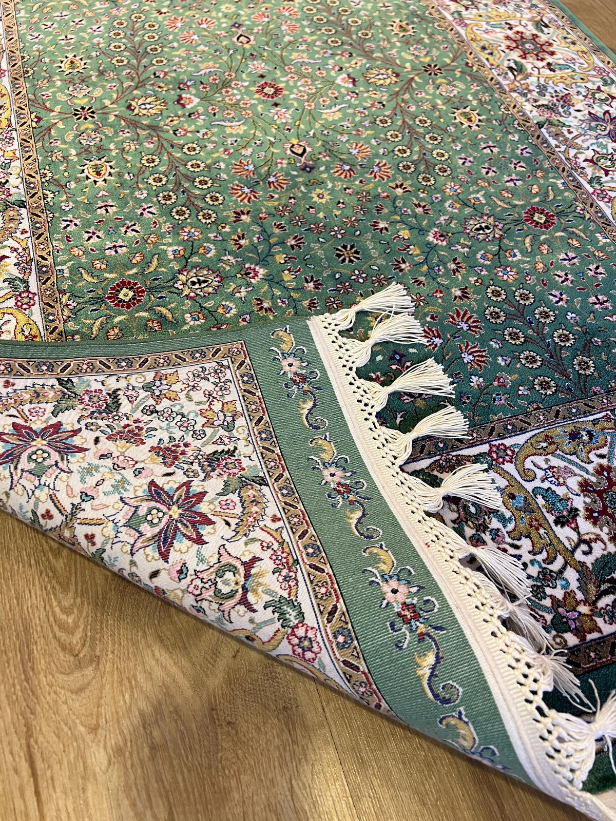 Green Floral Silk Runner Rug, Turkish Style, 3x10 ft, Classic Luxury Hallway Rug