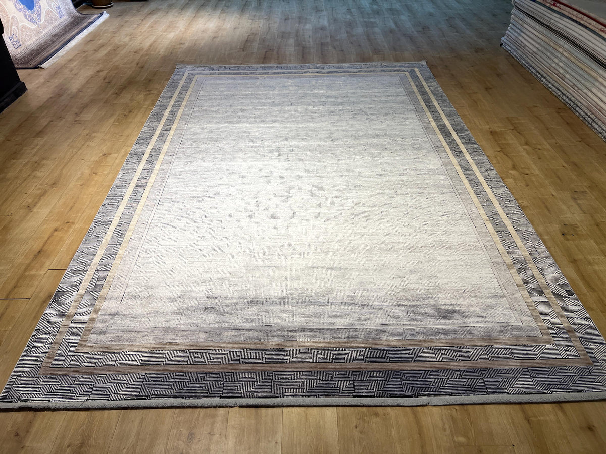 8x11 ft Gray Modern Bamboo Rug with Gold Border Design