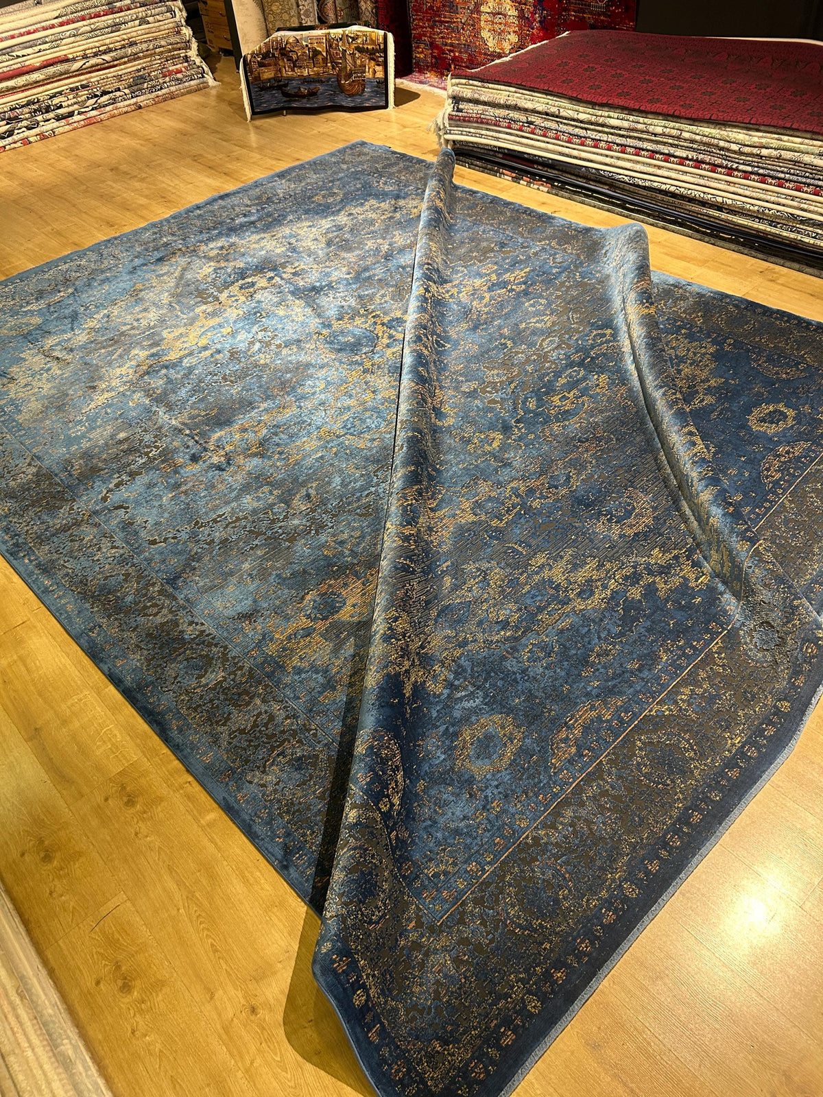 10x13 ft Blue Gold Gray Bamboo Rug, Distressed Pattern, Modern Rug