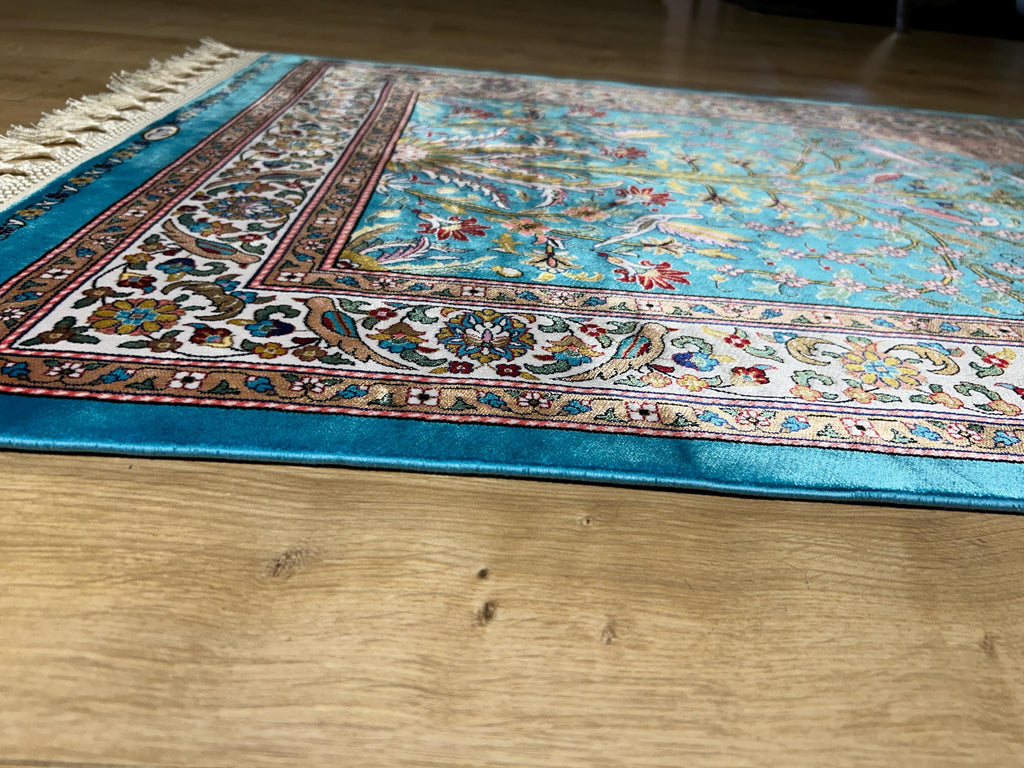 2.62x4.10 ft Blue Silk Prayer Rug, Floral and Bird Design Mat, Muslim Janamaz Mat