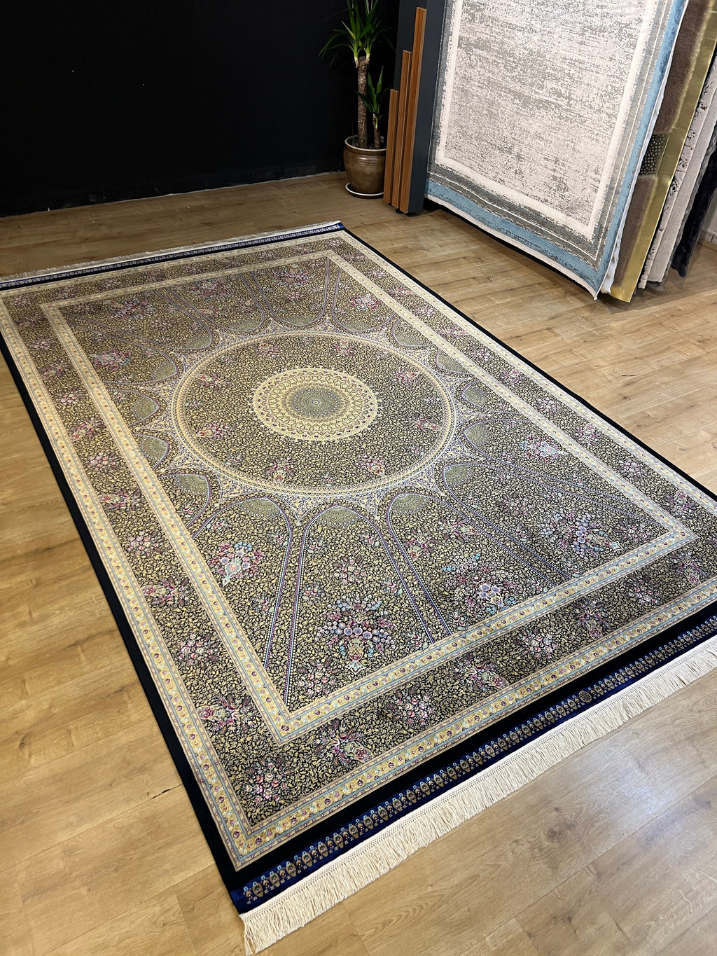 Black Gold Modal Silk Rug 7x10 ft, Turkish Style Medallion Carpet