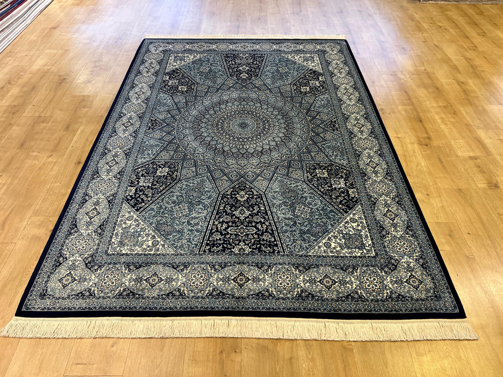 5x8 Silk Rug, Navy Blue White Medallion, Classic Turkish Style, Luxury Carpet