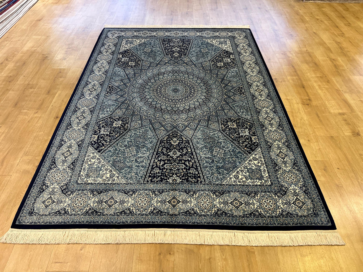 5x8 Silk Rug, Navy Blue White Medallion, Classic Turkish Style, Luxury Carpet