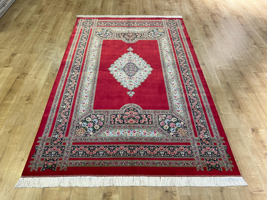 Floral Silk Rug, Floral Medallion and Border Design Classic Luxury Carpet