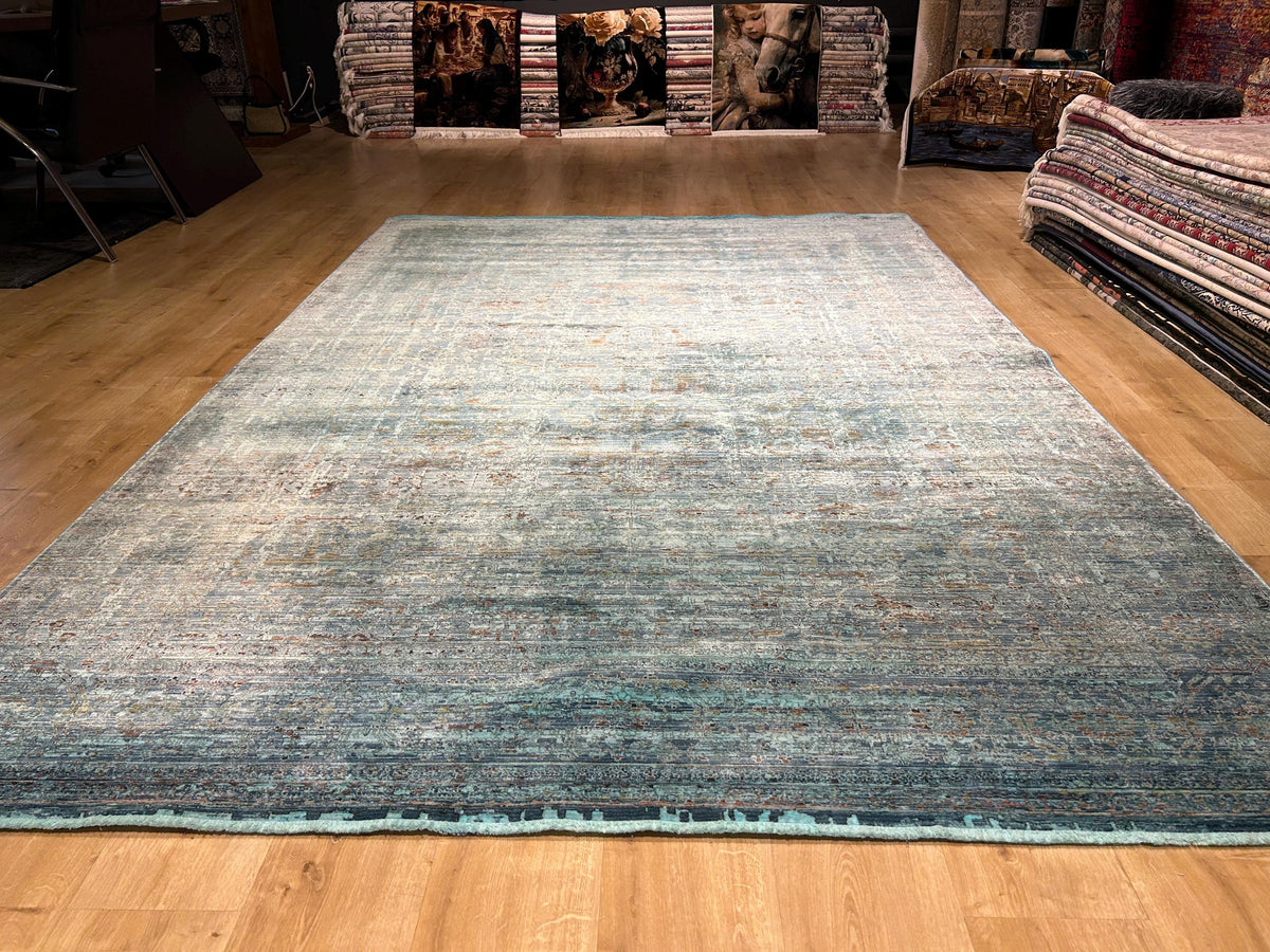 7x10 ft Turquoise Bamboo Rug, Distressed Pattern, Modern Rug